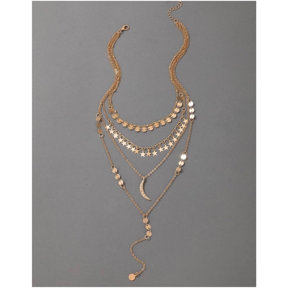 Boho Gold tone Stars Moons Multilayer Necklace - Picture 2 of 3